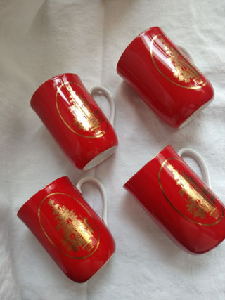 Set of 4 xmas mugs Japan Red w Gold Tree
