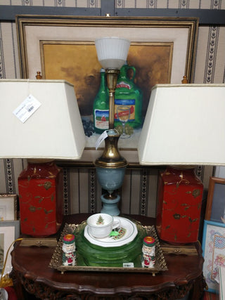 Set of 2 Chinoiserie Red Square Lamps w Square Shades