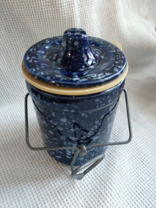 Pottery Stoneware blue and white speckle Canister Jar with latching Lid w gasket