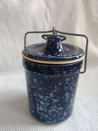 Pottery Stoneware blue and white speckle Canister Jar with latching Lid w gasket