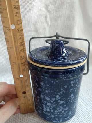 Pottery Stoneware blue and white speckle Canister Jar with latching Lid w gasket
