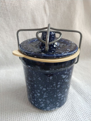 Pottery Stoneware blue and white speckle Canister Jar with latching Lid w gasket