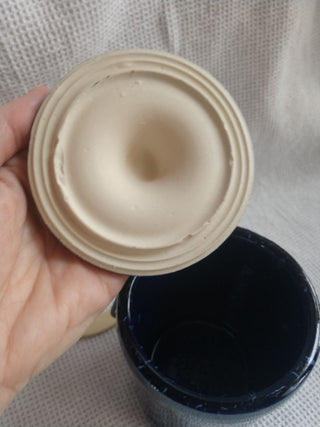 Pottery Stoneware blue and white speckle Canister Jar with latching Lid w gasket