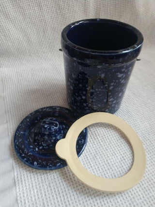 Pottery Stoneware blue and white speckle Canister Jar with latching Lid w gasket