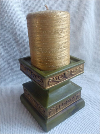 Vntg Green Candle Holder 1970's w gold glitter candle