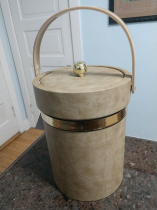 Large Tan Vinyl Retro Vintage Ice Bucket with Lid