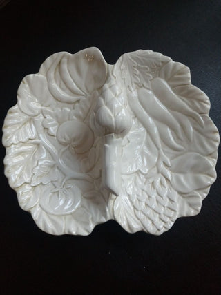 Divided Serving Platter Olive Nut Dish Leaf Textured Veggies Made in Italy.