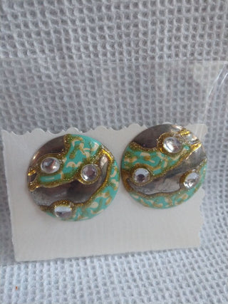 Vntg Silver Plate Faux stones & glitter paint Clip Earrings 1980's