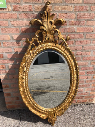 Large Ornate Gold Oval Beveled Mirror Plume Top