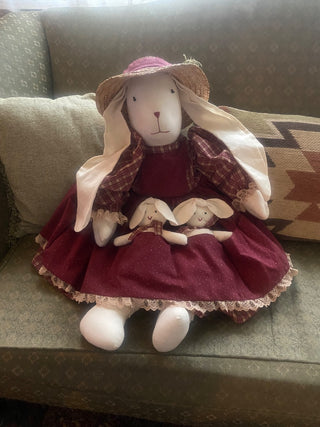 Folk Art Mama Rabbit Doll w\two Bunnies in Pockets