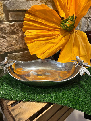 Pewter Serving Bowl with Birds and Leaf Embellishments