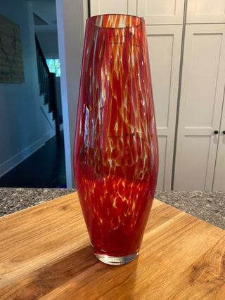 Vintage Murano Style art glass Confetti Vase red and amber heavy 11"