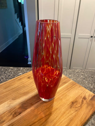 Vintage Murano Style art glass Confetti Vase red and amber heavy 11"