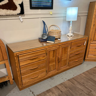 Solid Oak 9 Drawer Dresser with Glass Top 68Wx19Dx31H