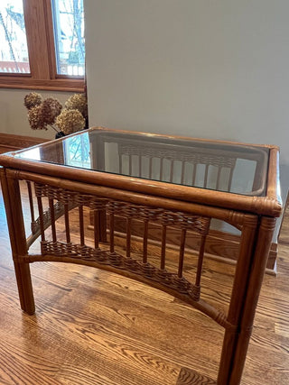 Rattan Side Table with Glass Top