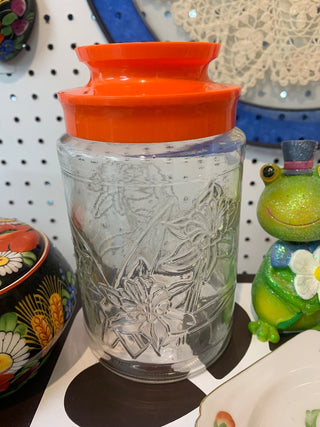 Vintage Glass storage jar w/orange lid and daffodil decor