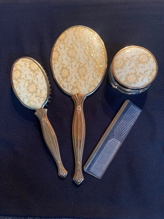 Vtg 4pcs brush, comb, mirror and powder jar