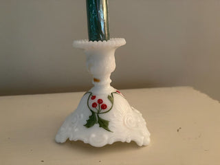 vintage Milk glass holly candlestick