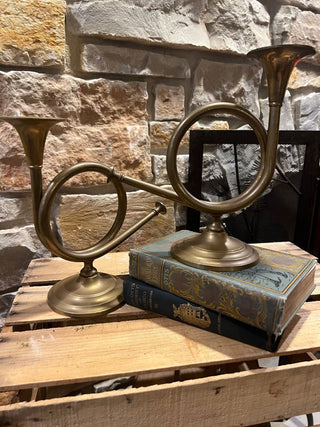Pair of Brass French Horn Candlestick Holders