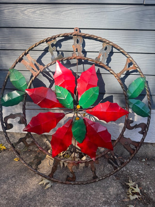 Vintage, metal wreath Poinsettia sign Merry Christmas