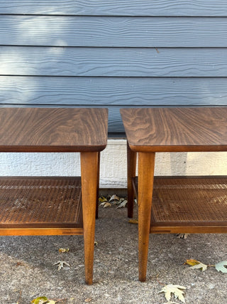 Mcm,Lane Walnut & Cane Formica side tables ( sold as set of 2)