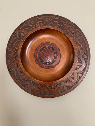 Lg carved wood plate w/brass inlay Made in Poland