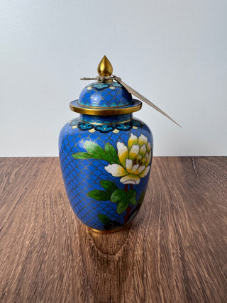 Vintage Chinese Blue Cloisonné Peony Ginger Jar