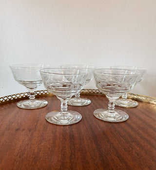Set of 5 Mid-Century Etched Coupe Glasses