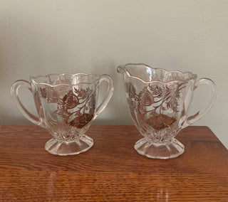 Silver rimmed & etched sugar & creamer (set of 2)