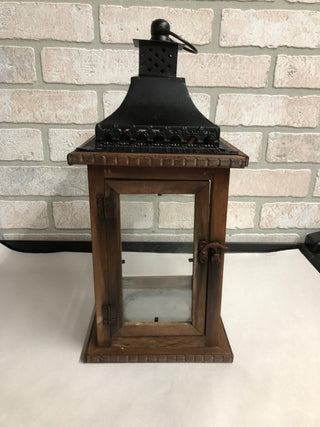 Metal and Wood Glass Panel Lantern