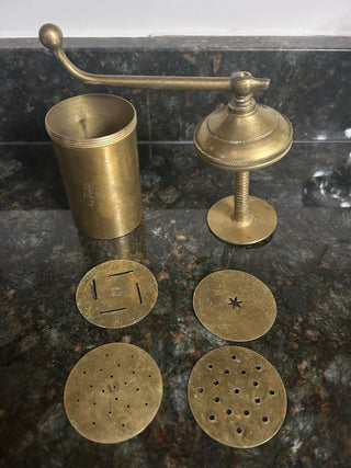 Vintage Brass Cookie Press with 4 designs 6" X 2.5"