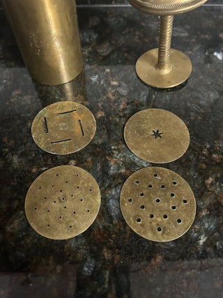 Vintage Brass Cookie Press with 4 designs 6" X 2.5"