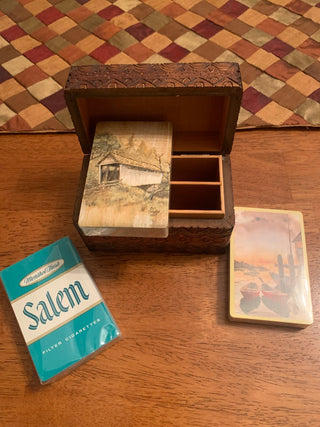 Vtg wood carved playing cards storage box w/ 3 decks