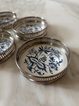 Set of 6 Blue Onion Pattern Coasters w/ Silver-Plated Rims
