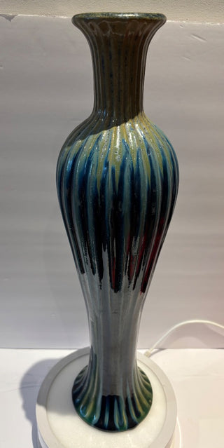 Vtg Studio Art Pottery Drip Glaze 17.5" Tall Thin Fluted Vase Green Blue Brown #402