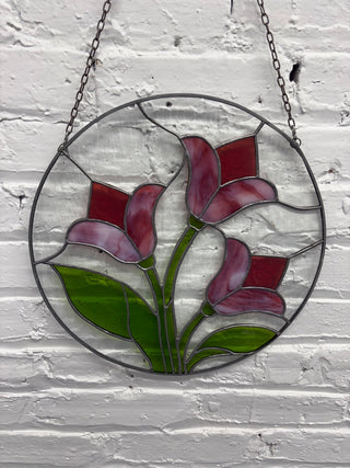 Round Pink & Floral Stained Glass Hanging Panel