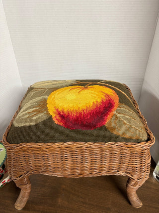 Vintage Needlepoint Wicker Foot Stool #419