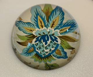 Vintage Aqua Floral Half Dome Glass Paperweight #422