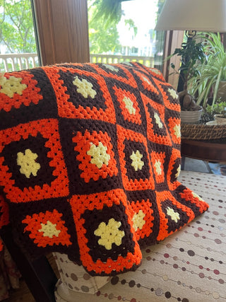 Handmade Orange and Brown Granny Square  Crocheted Blanket