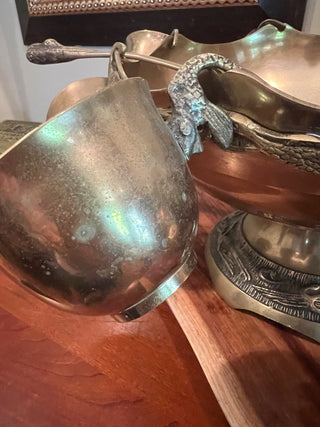 Antique, Brass Punch Bowl Set with Eight Mugs and Ladle