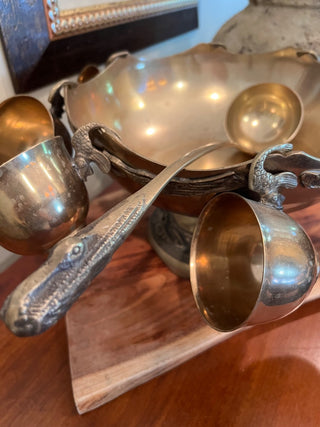 Antique, Brass Punch Bowl Set with Eight Mugs and Ladle