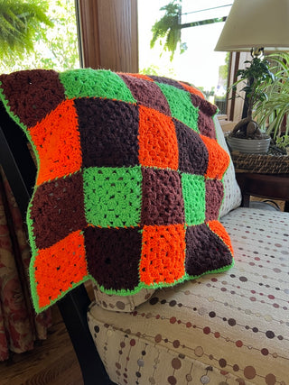 Handmade Orange, Brown & Green Crocheted Blanket