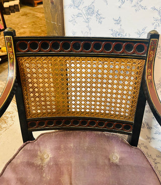 Antique English Regency Black Cane Chair Hand Painted 34" X 22" X 34"