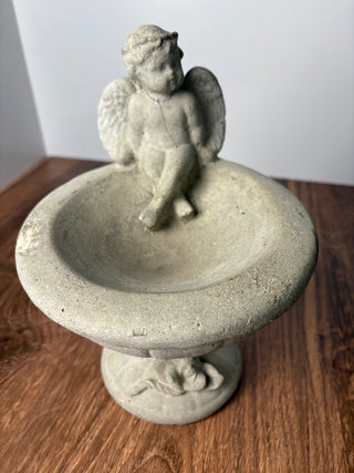 Concrete Sitting Cupid on Cement Pedestal Bowl (as found)