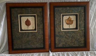 Framed wooden leaves sculptures (set of 2) 15.5”x18.5”