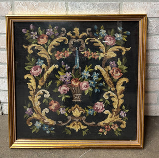Mid Cty Modern Framed Wool Needlepoint Floral with Basket