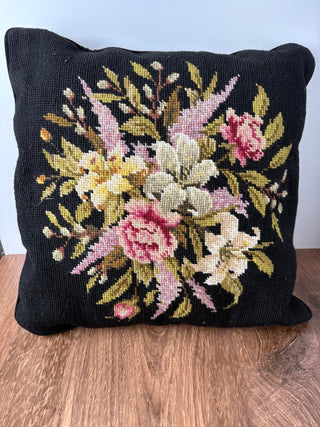 Floral w Black Background Needlepoint Pillow