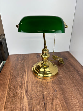 Brass Bankers Lamp with Green Glass Shade