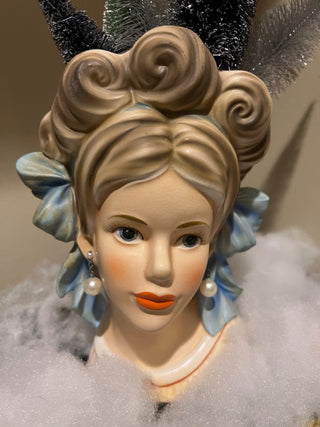 Extremely Rare Teen Head Vase with Blue Bow - 7" Enesco