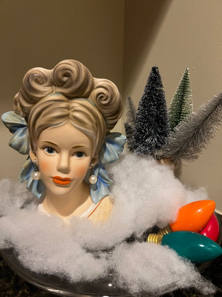 Extremely Rare Teen Head Vase with Blue Bow - 7" Enesco